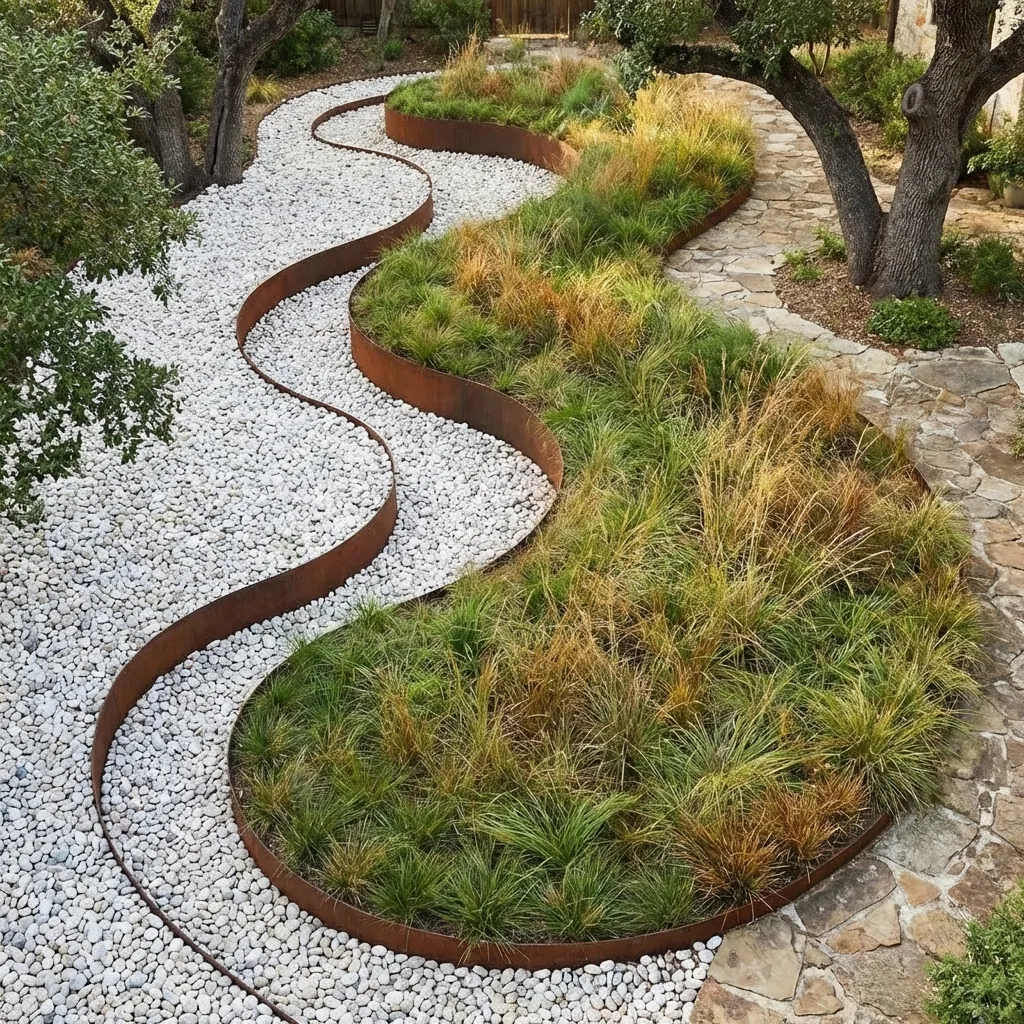 Serpentine curved Corten steel path